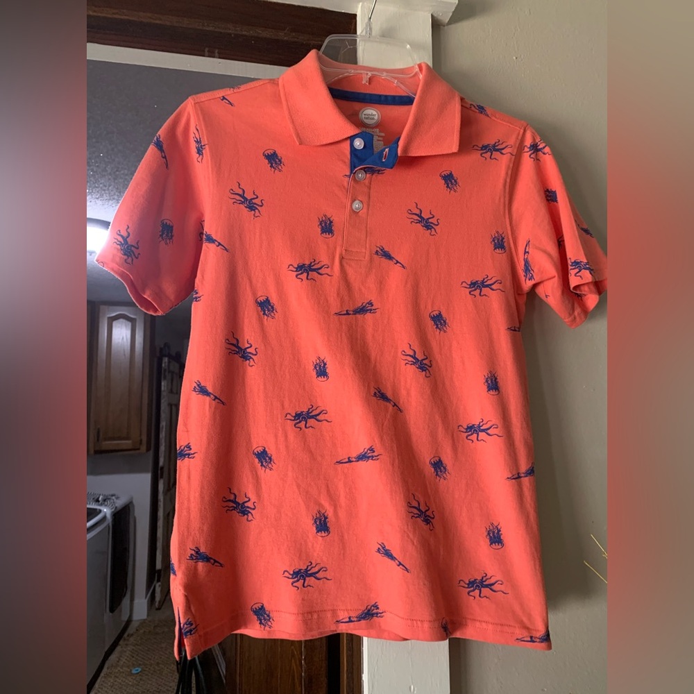 Coral Polo Shirt with Blue Lobster Print. Boys Sz large shirt. Never worn